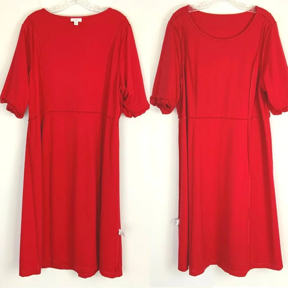 J Jill Simple Elegance Puff Sleeves Dress In Red Cherry Size 2XL - Picture 12 of 16